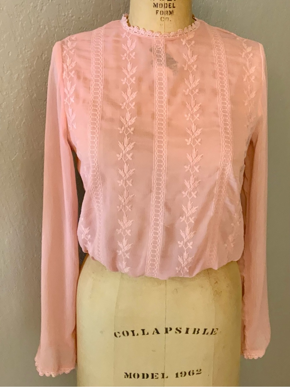 a'gaci Soft Pink Embroidered Lace-Panel Blouse, Cottagecore, Prairie, Artsy Boho